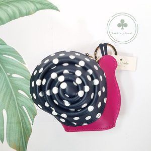 Kate Spade Enchanted Forest Snail Coin Purse Key Chain Fob Polka Dots Pink Navy